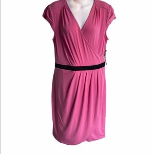 NWT NY & Co Pink Black Surplice Mock Wrap Dress XL Stretch Cap Sleeves